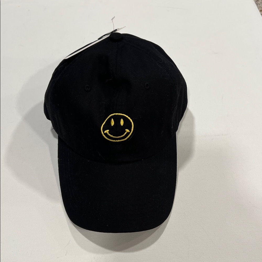 Embroidered Happy Face Logo on the front , Adjustable Strapback with buckle